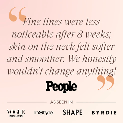 Product testimonial with text about skin improvement after 8 weeks, featuring 'People' magazine and other publications.