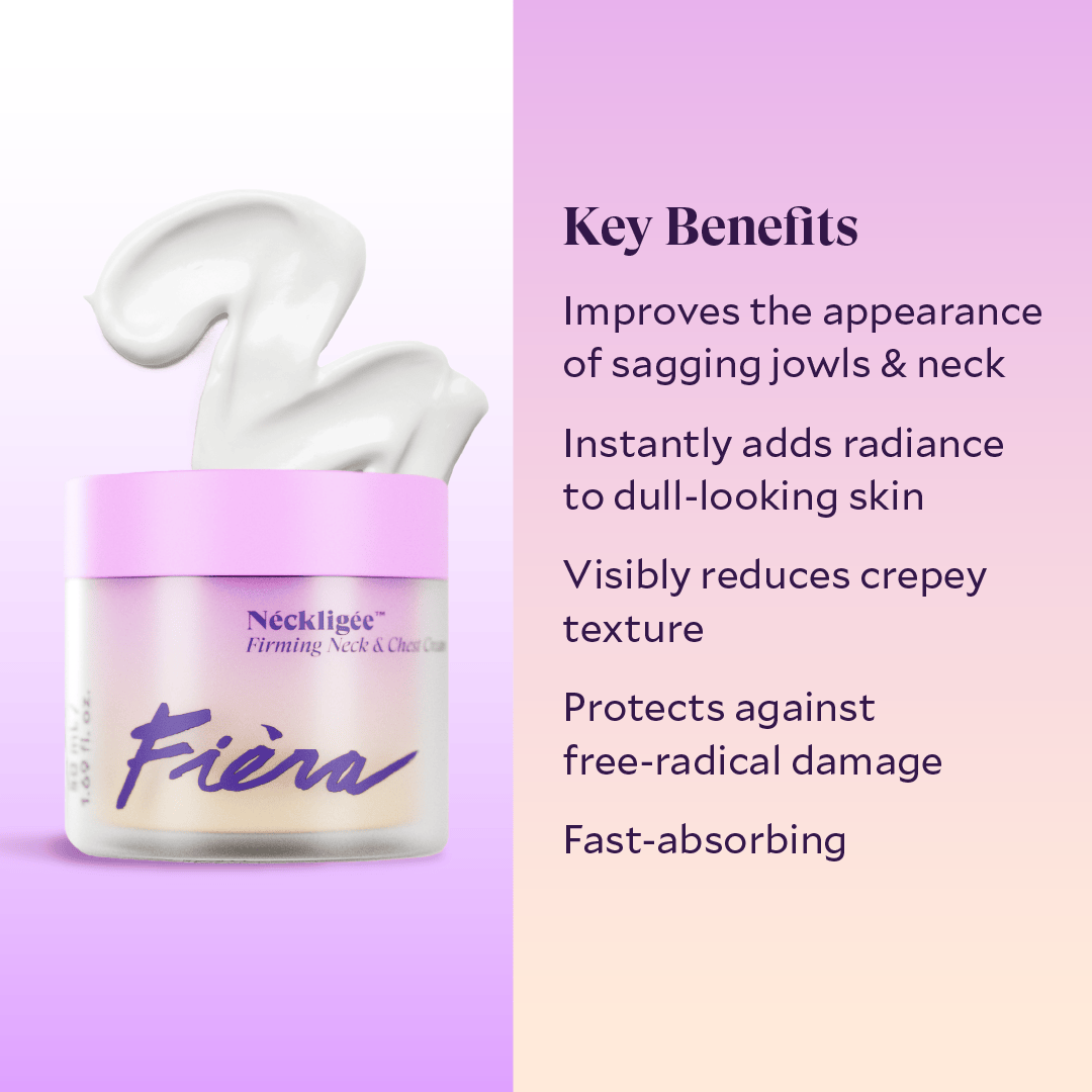 Neck cream jar with key benefits listed on a purple background